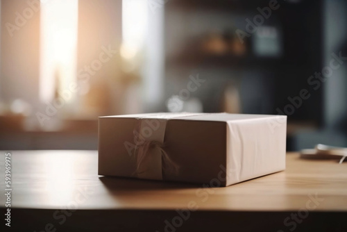 Delivery on Table: Parcel Box with Blurred Home Background and Copy Space