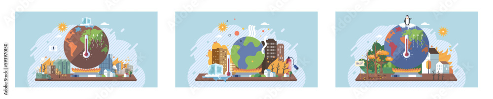 Fototapeta premium Toxic waste from human set. Industries create pollution and cities affected by pollution. Climate change cycle dried or dry cracked land suffering from drought. Weather global greenhouse warming risks