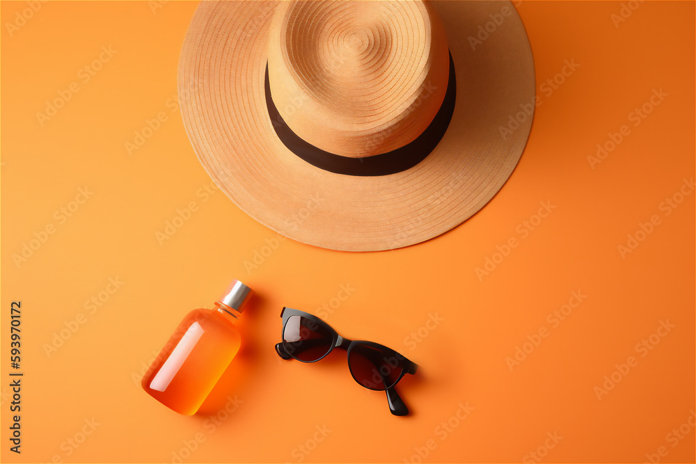 beach flat lay with straw hat, sunglasses and sunscreen oil lotion bottle, holiday sun protect