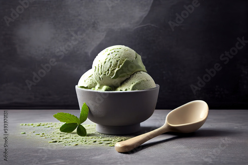 Fototapete Green tea matcha ice cream scoop in bowl on a grey stone background Top view