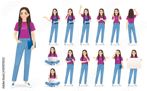 Young student woman with backpack and book casual style clothes set different gestures isolated vector illustration