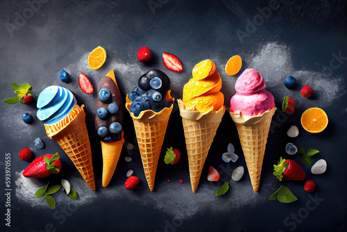 Various of ice cream flavor in cones blueberry ,strawberry ,pistachio