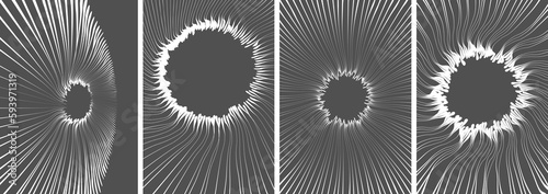 Black and white portal hole made from many curved strips. Abstract energy vortex teleport. Virtual reality cyberspace. Design for banner, poster, cover or brochure. 3d vector in technology style.