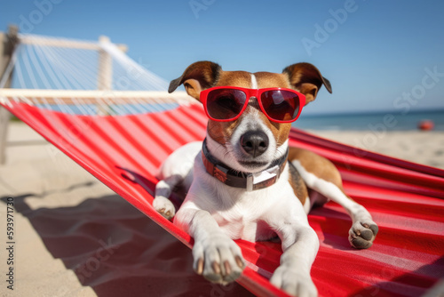 jack russell dog wearing sunglasses enjoying a beach vacation on top of a hammock. Ai generative © chandlervid85