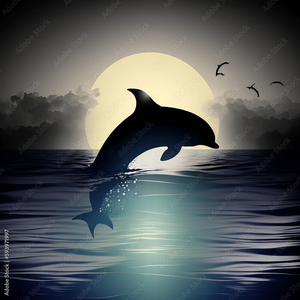 Obraz premium silhouette of a dolphin jumping out of the sea KI