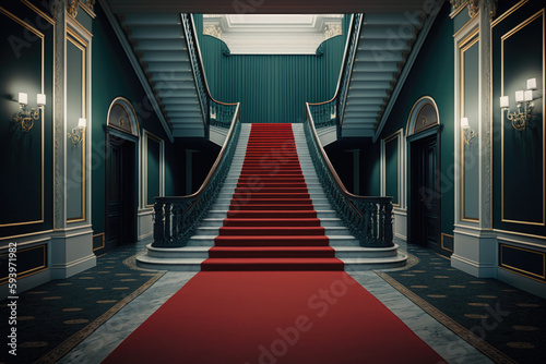 Red carpet on stairs luxury interior. Generative AI.
