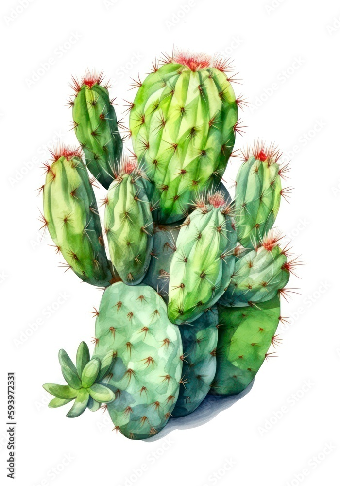 Watercolor illustration of a green cactus isolated on white background. Generative AI. Watercolor illustration of a green cactus isolated on white background. Generative AI.