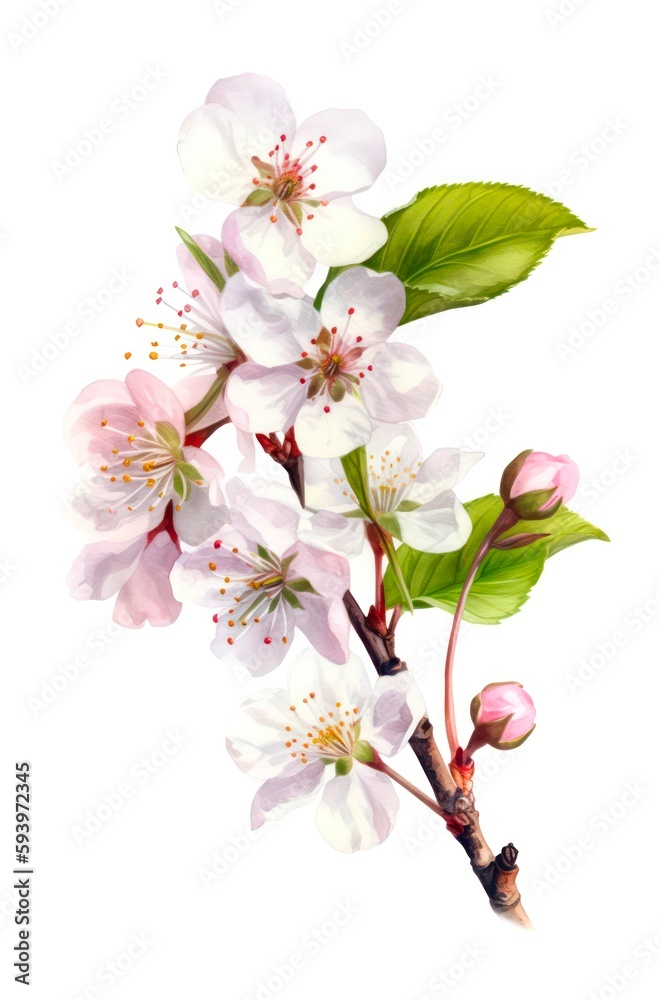 Watercolor illustration of branch with cherry blossoms isolated on white background. Generative AI.