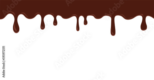 Chocolate flowing down on white background. Dripping melted chocolate background with space for text, isolated flat vector illustration