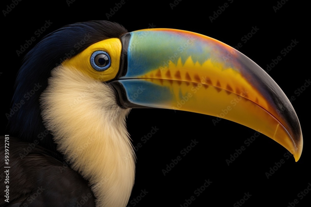 Toucan isolated on a black background. Generative AI exotic bird