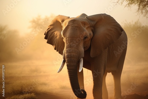 Elephant in african savanna. Kenya wildlife sunset generative AI poster