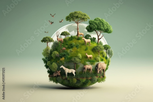 Abstract concept of the earth and animal  day  in forest with protected animals in glass globe. Generative AI.