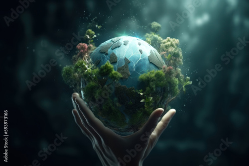 World earth day concept with glass globe and eco-friendly environment. Generative Ai.