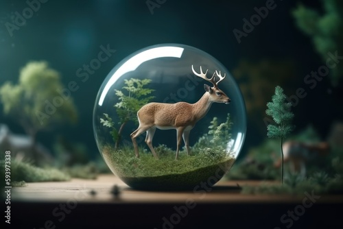 Fototapeta Naklejka Na Ścianę i Meble -  Abstract concept of the earth and animal  day  in forest with protected animals in glass globe. Generative AI.