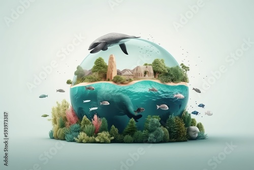Abstract concept of the earth and ocean day with protected animals in glass globe. Generative AI.