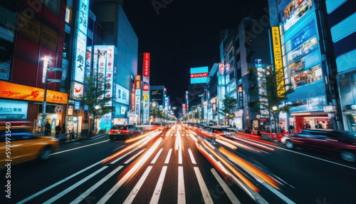 View from a Tokyo japan street traffic at night by generative ai