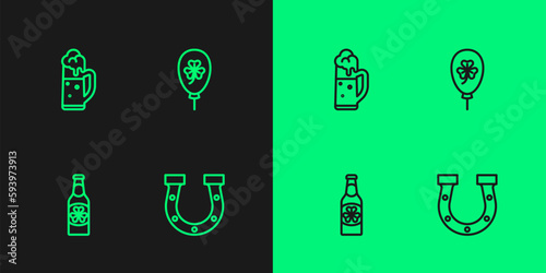 Set line Horseshoe, Beer bottle with clover, Glass of beer and Balloon trefoil leaf icon. Vector