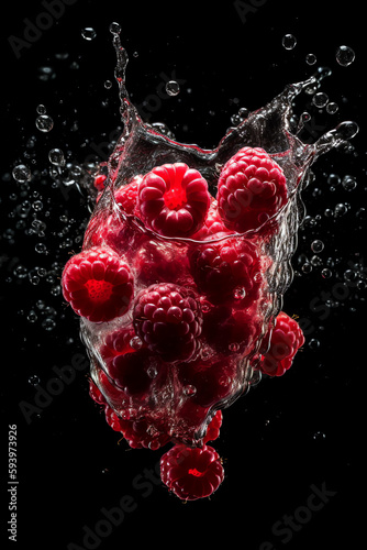 Raspberries in water splash - Generative AI