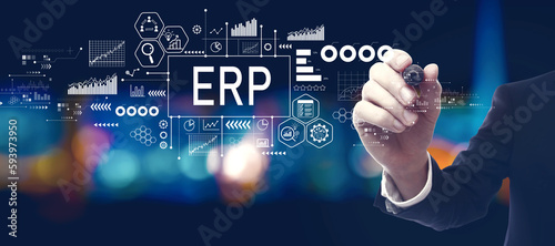 Konstfotografi ERP - Enterprise resource planning theme with businessman in a city at night