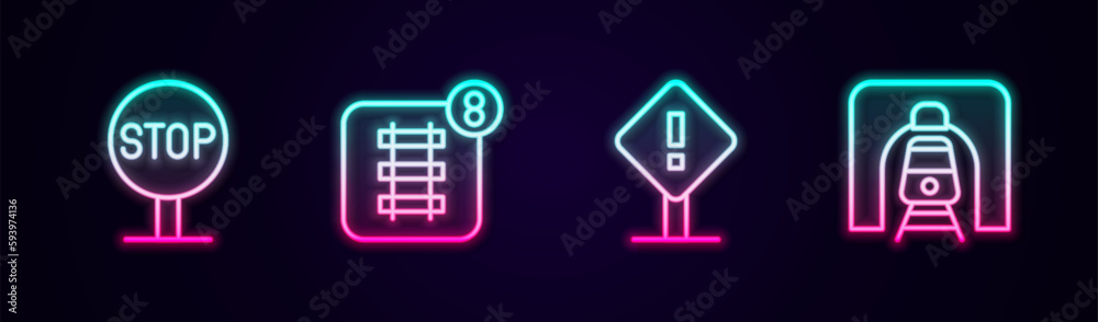 Set line Stop sign, Online ticket booking, Exclamation mark square and Train railway tunnel. Glowing neon icon. Vector