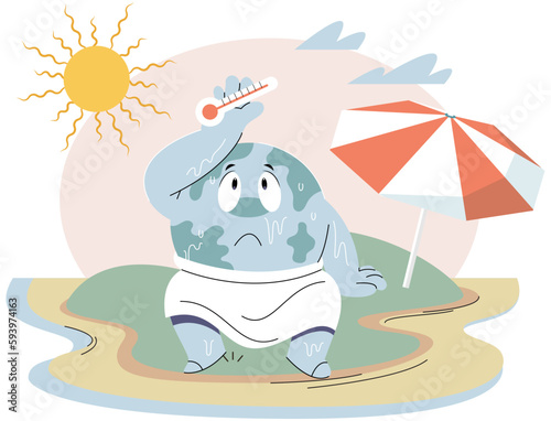 Poorly globe sits on dry ground under hot sun with thermometer. Cartoon earth global warming concept. Planet is overheating, Environmental problem due to climate change. Natural disasters cataclysms