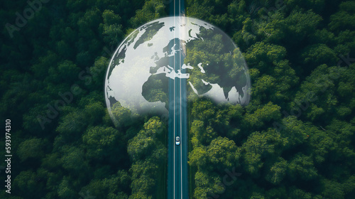Eco-conscious car journeying through forest landscape, Earth planet visible amidst the trees, promoting ecosystem health, eco-tourism in harmony with nature, sustainable EV  car