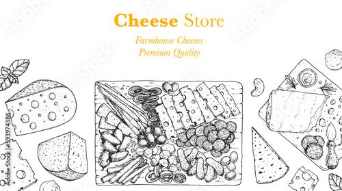 Cheese sketch, hand drawn illustration, top view frame. Food design template. Package pattern. Vector illustration with collection of cheese. Engraved style image. Dairy farm products cheese.