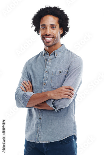 Tableau sur toile Man, smile and arms crossed portrait while happy isolated on a transparent, png background