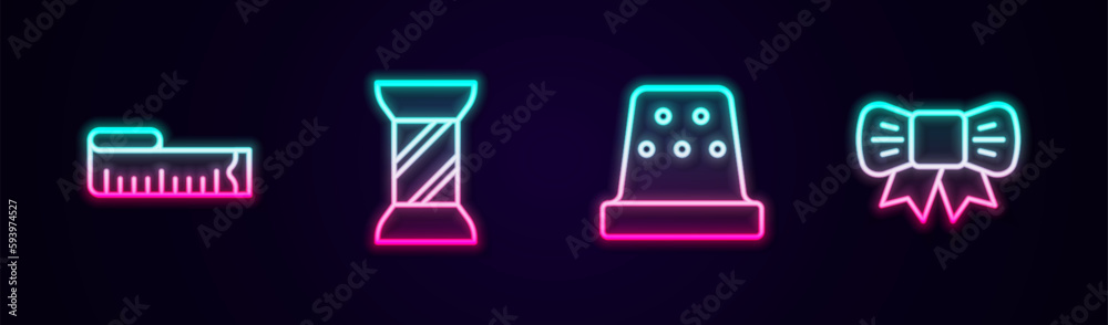 Set line Tape measure, Sewing thread on spool, Thimble for sewing and Gift bow. Glowing neon icon. Vector Set line Tape measure, Sewing thread on spool, Thimble for sewing and Gift bow. Glowing neon icon. Vector