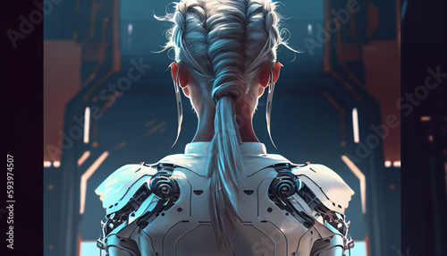 K  nstliche Intelligenz Frauen  Cyborg  Frauenkopf mit blonden Haaren von Hinten  digital  Panzerung   Generative AI
