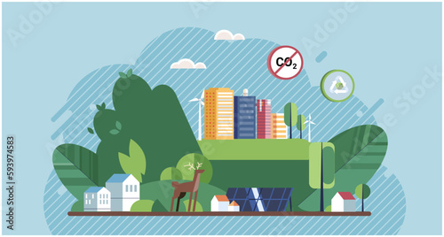 World Environment Day, bio technology. Sustainable green city with alternative and ecological power usage. Modern future environment without global warming, CO2 pollution and clean climate awareness