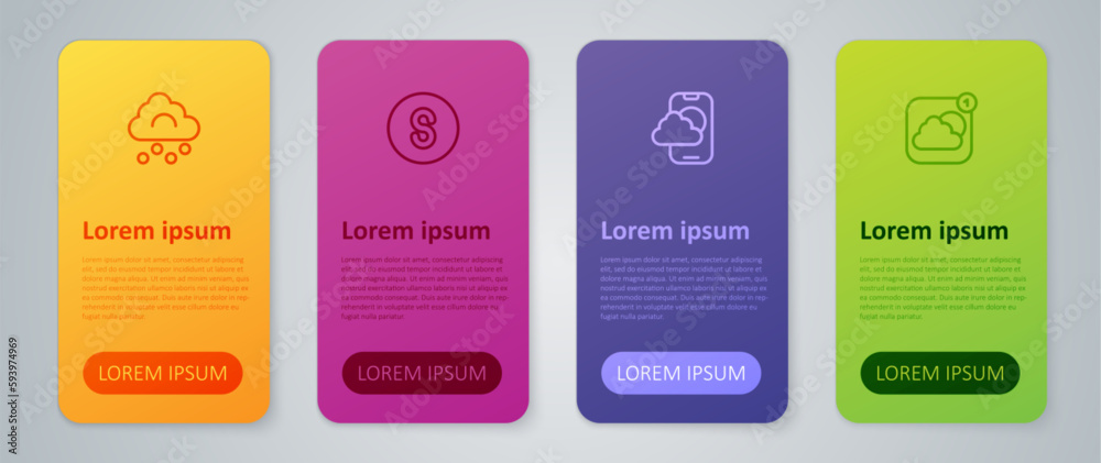 Set line Weather forecast app, Hail cloud and Compass south. Business infographic template. Vector Set line Weather forecast app, Hail cloud and Compass south. Business infographic template. Vector