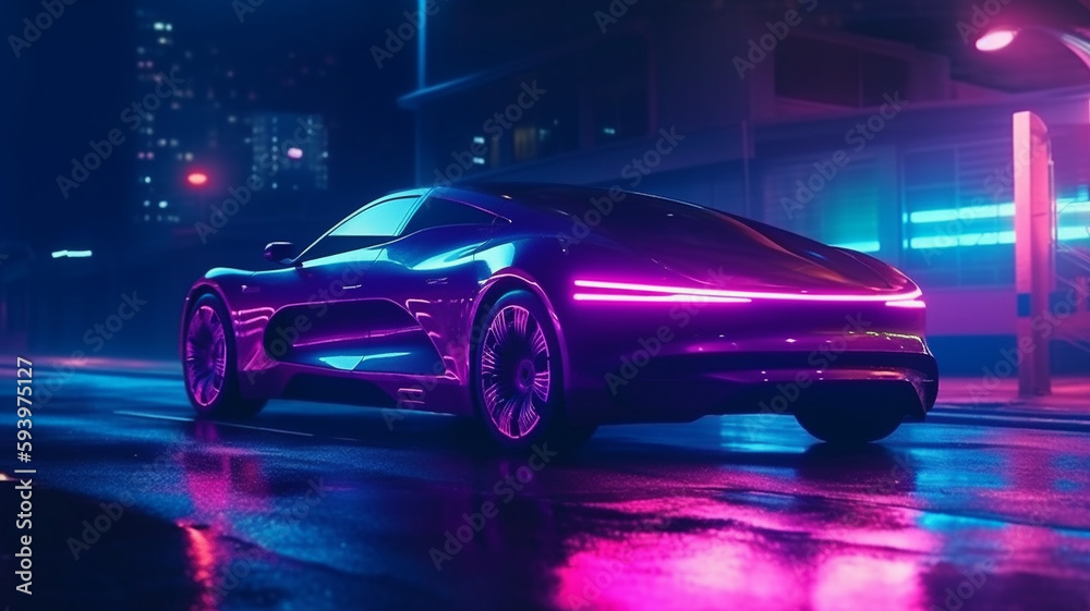 Generative AIModern car driving in the night at city road, futuristic synth. Generative AI. Generative AIModern car driving in the night at city road, futuristic synth. Generative AI.