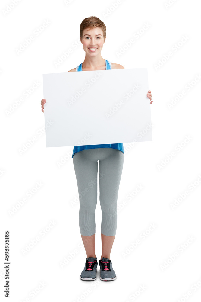 Portrait, woman and blank poster for fitness opinion, vote and sport mockup for logo by png background. Isolated model, paper billboard and mock up space for branding, health and wellness of body Portrait, woman and blank poster for fitness opinion, vote and sport mockup for logo by png background. Isolated model, paper billboard and mock up space for branding, health and wellness of body