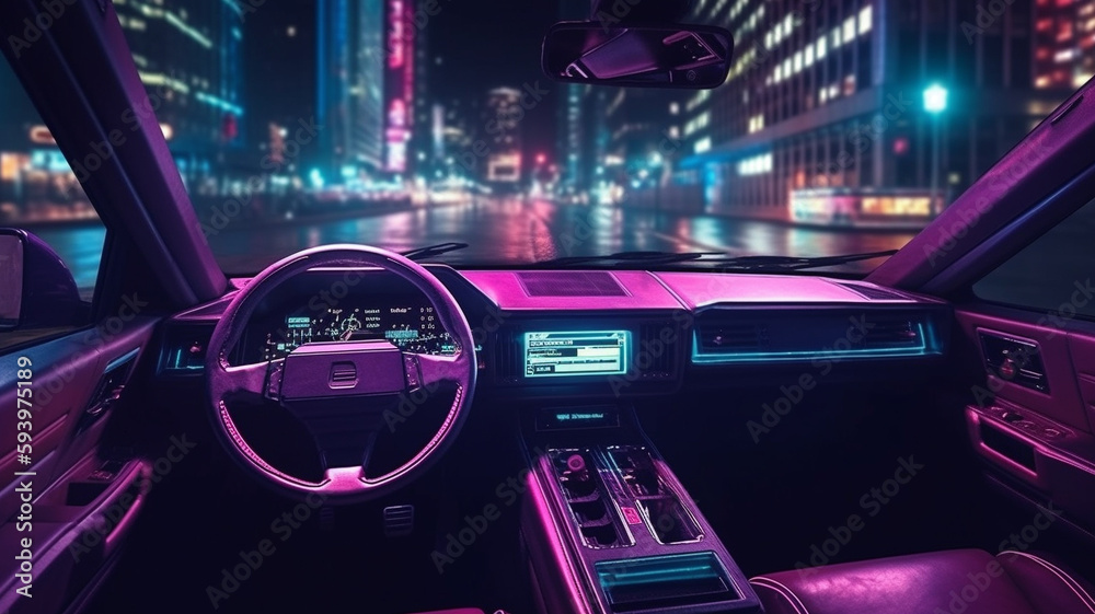 Generative AIModern car driving in the night at city road, futuristic synth. Generative AI. Generative AIModern car driving in the night at city road, futuristic synth. Generative AI.