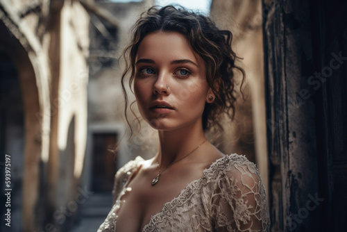 Portrait of a fashion model wearing couture lace dress in Italy.
