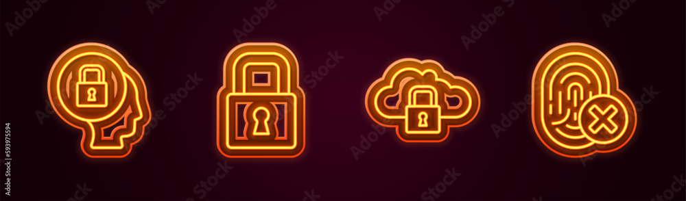 Set line Lock, Cloud computing lock and Cancelled fingerprint. Glowing neon icon. Vector Set line Lock, Cloud computing lock and Cancelled fingerprint. Glowing neon icon. Vector