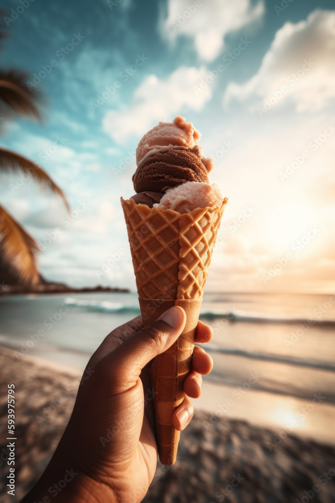 Fototapeta premium Summer vacation concept. Hand holding ice cream on tropical beach background. Generative ai.