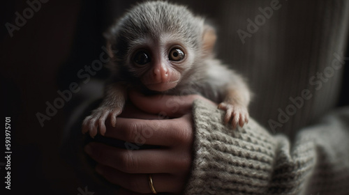 Cute fluffy baby monkey held by a human wearing a knitted jumper © Arca Crobatia