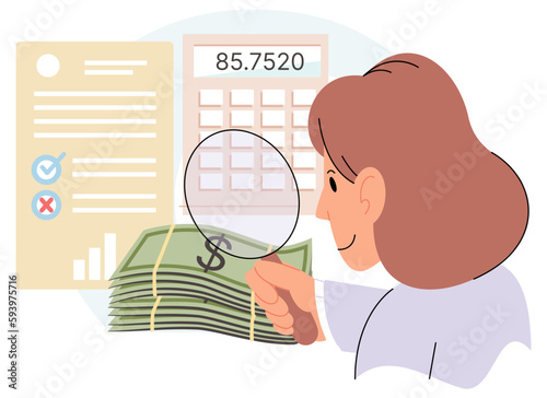 Manage finances, personal savings concept. Woman with loupe and money financial consultant analyzse income and expenses of company or budget of business. Accountant counts money and gives advice