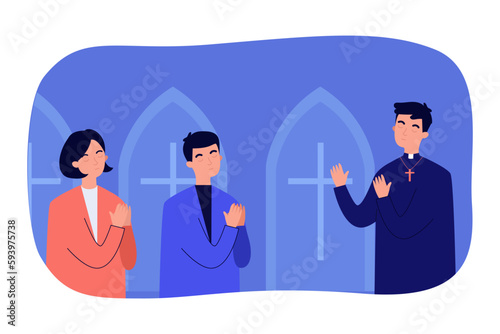 People praying for earthquake victims vector illustration. Priest with closed eyes in front of sorrowful man and woman. Prayer, tragedy, faith, religion concept