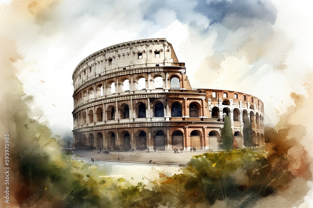 Watercolor illustration of Colosseum in Rome, Italy. Generative AI