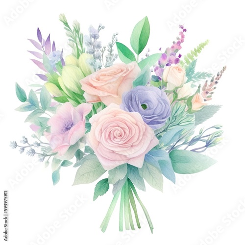 Watercolor Beautiful Mint green, more light pink, lavender and light blue flower bouquet isolated on white background, Generative AI © thanakrit