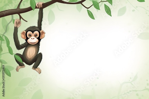 Cartoon digital illustration of playful monkey hanging on a tree branch. Green background with copy space. Generative AI