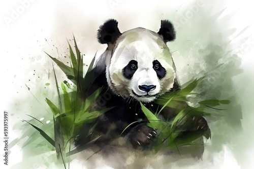 Watercolor illustration of panda bear eating bamboo leaves. Generative AI