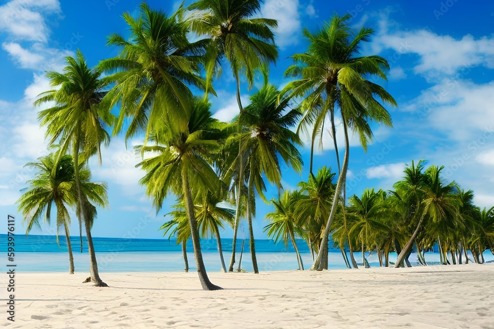 Coconut trees on a sandy beach in summer , summer day , summertime - generative ai
