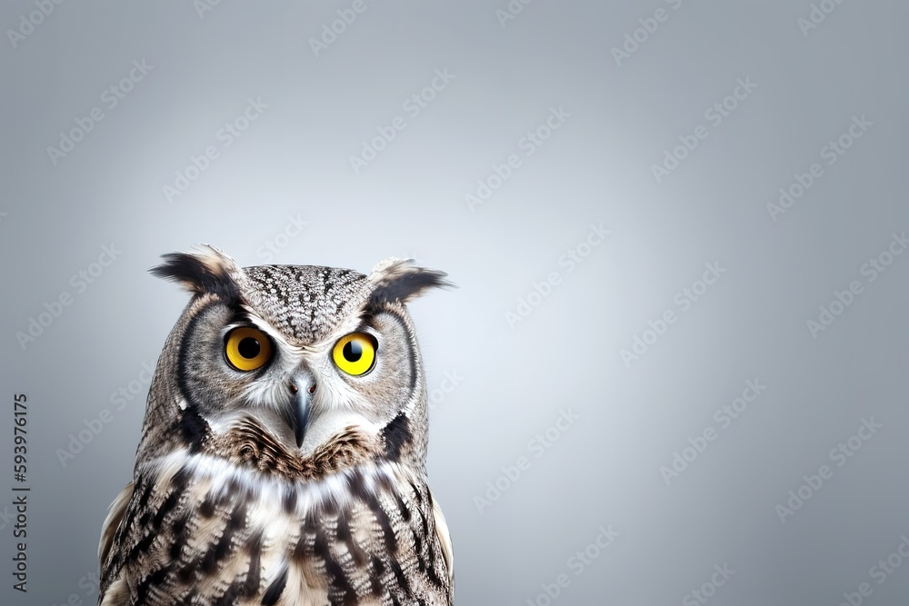 Cute head shot of owl looking curiously at the camera over grey background with copy space. Generative AI Cute head shot of owl looking curiously at the camera over grey background with copy space. Generative AI