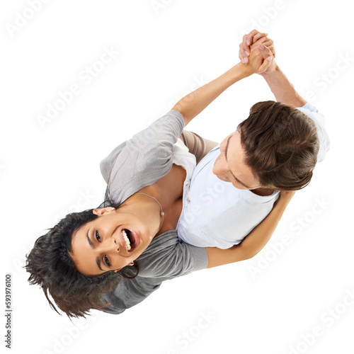 Portrait, dance and couple laugh together above holding hands feeling happy. Happiness, love and man with woman dancing with interracial partner and isolated on a transparent, png background