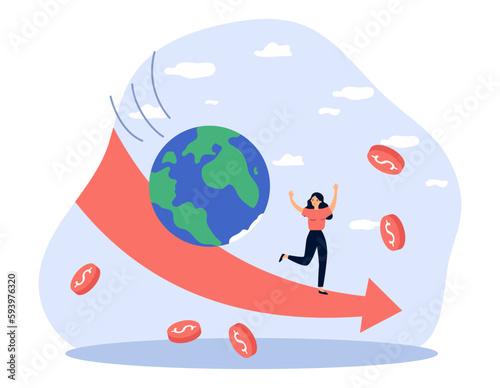Global financial crisis vector illustration. Planet Earth rolling down on red arrow, young woman running away, money falling down. Rising inflation, recession in Europe, bank failure, economy concept