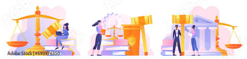 Set of justice. Collection of scenes with man and women with judicial scales and gavel. Lawyers discuss laws and legal services. Cartoon flat vector illustrations isolated on white background